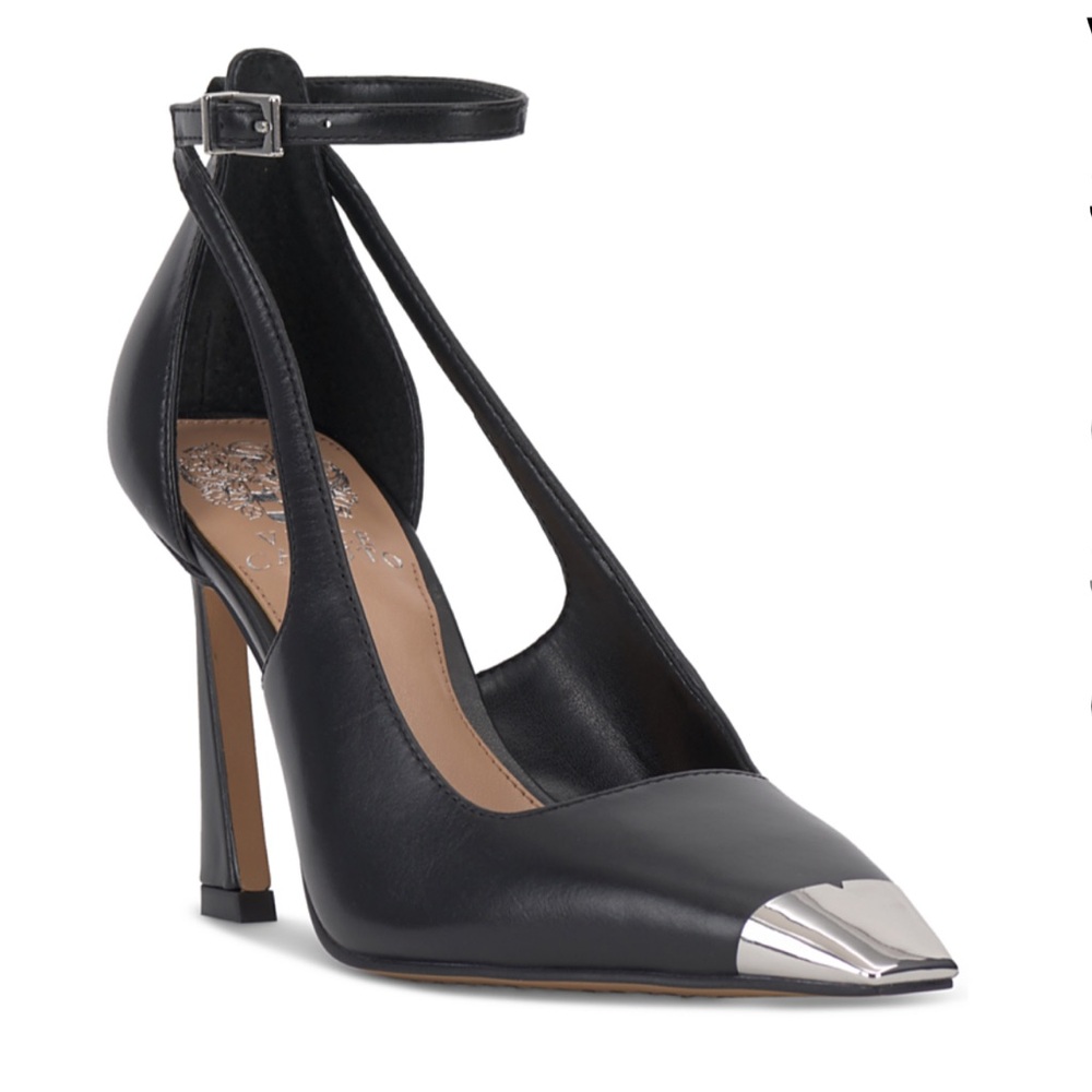 Vince Camuto black leather Sachel Ankle-Strap Capped-Toe Pumps